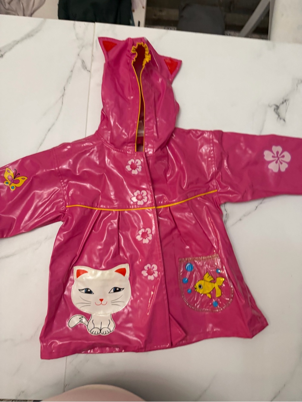Kids Pink Cat & Fish Hooded Raincoat